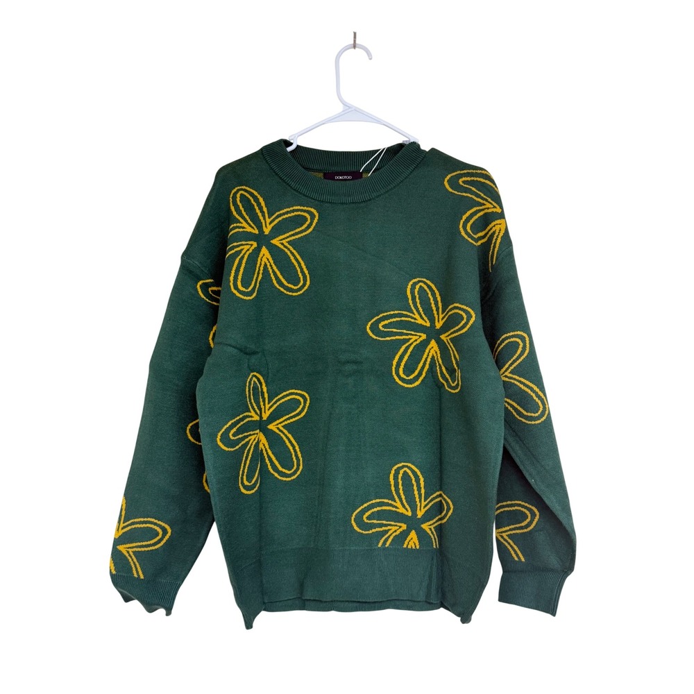 Dokotoo Floral Sweater Women Small New Green Yellow Crewneck Knit Pullover